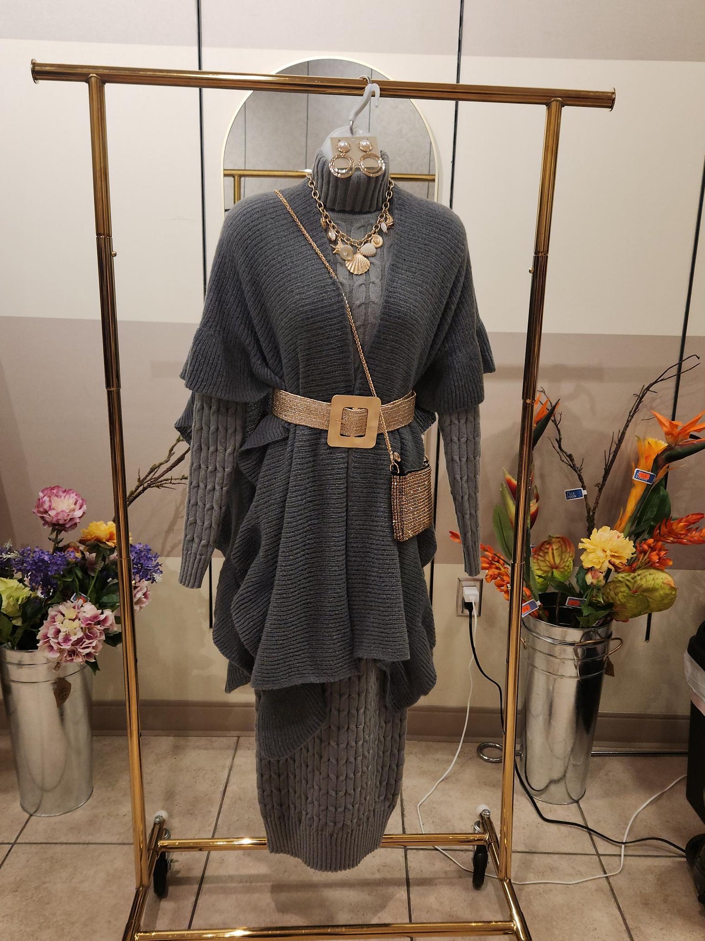 Winter Gray Sweater Dress And Shawl