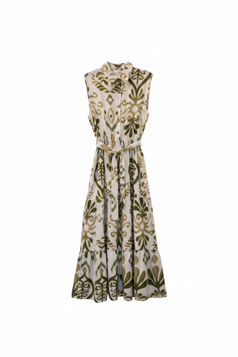 Sweet Tea - Green & White Medi Dress